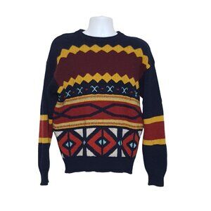 Vintage 80s Italian Mens Long Sleeve Pullover Sweater Shetland Wool Red Blue